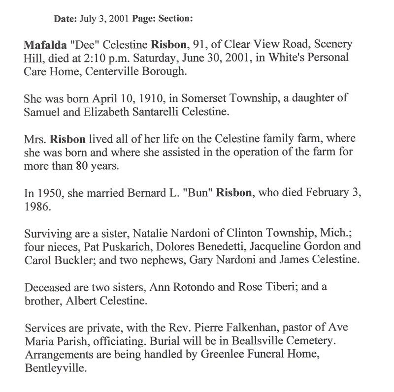 Mafalda Celestine Risbon obit